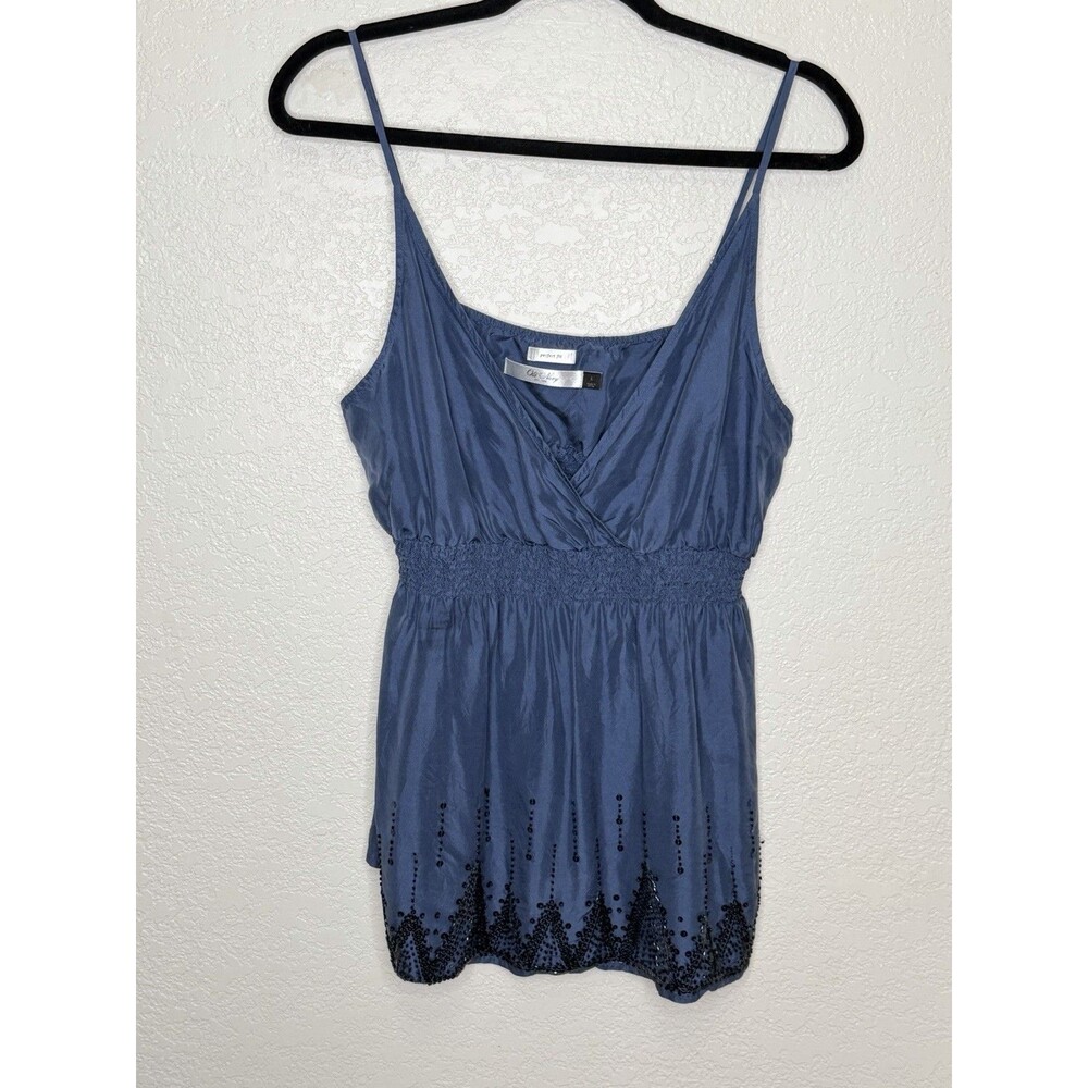 Vintage Old Navy Y2K Babydoll Cami Strappy Tank Top Blue Beaded Silk Sz L Sexy
